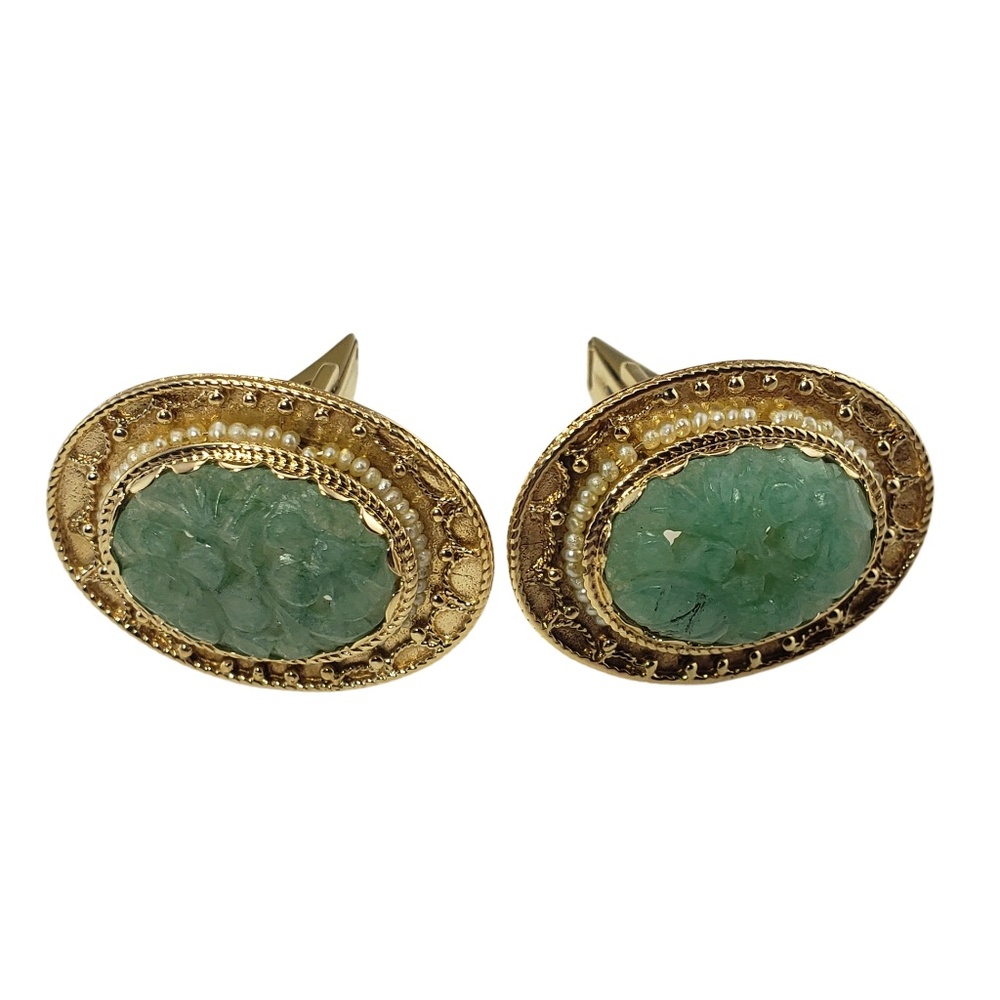 Vintage 14 Karat Yellow Gold Jade and Pearl Cufflinks #12714